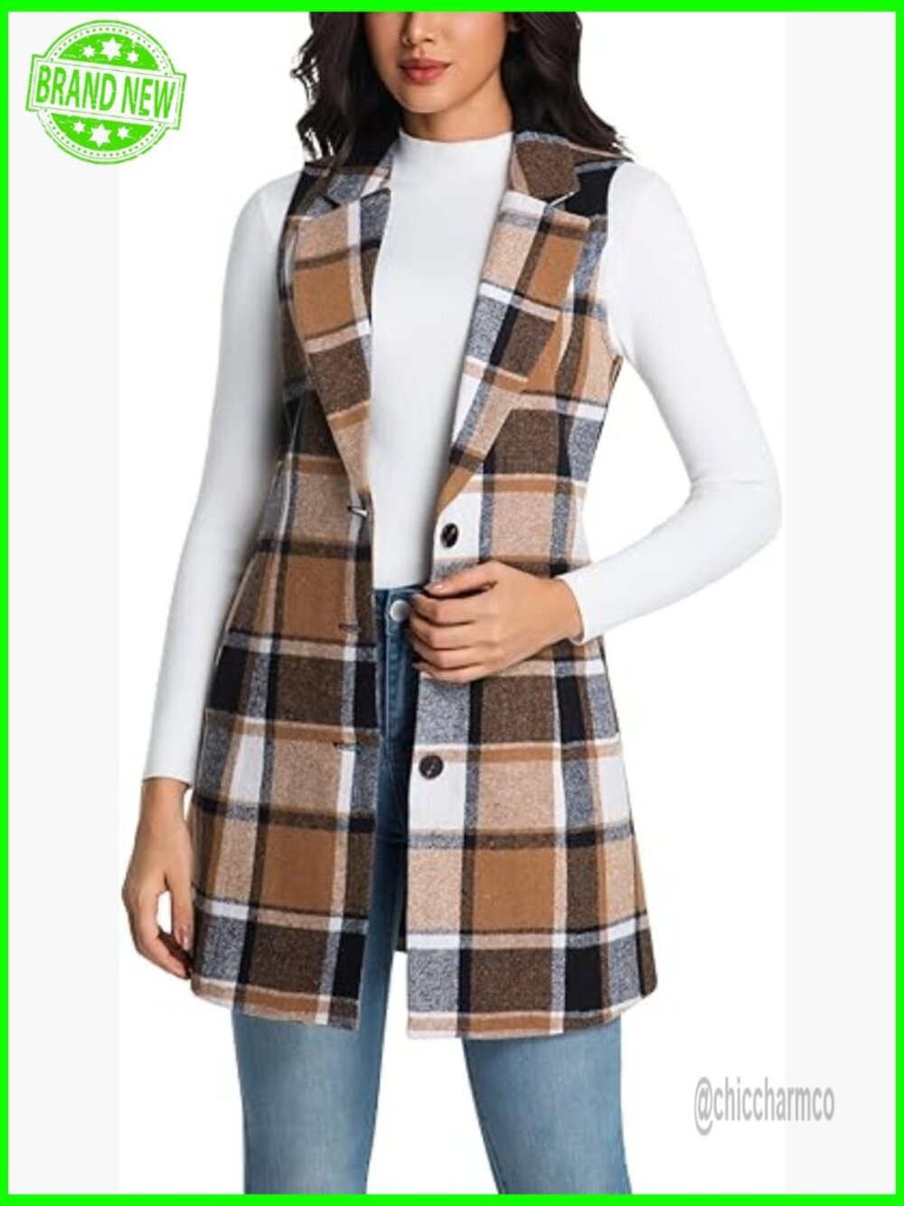 Womens Long Wool Plaid Vest Sleeveless Blazer Jacket Fall Winter